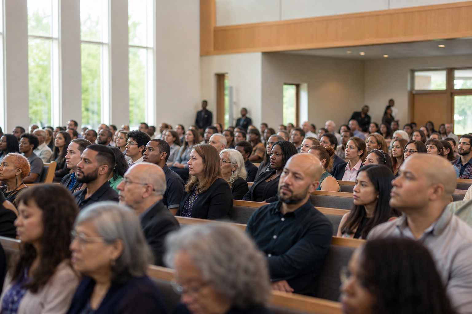 Contemporary church sanctuary with natural daylight and an attentive congregation