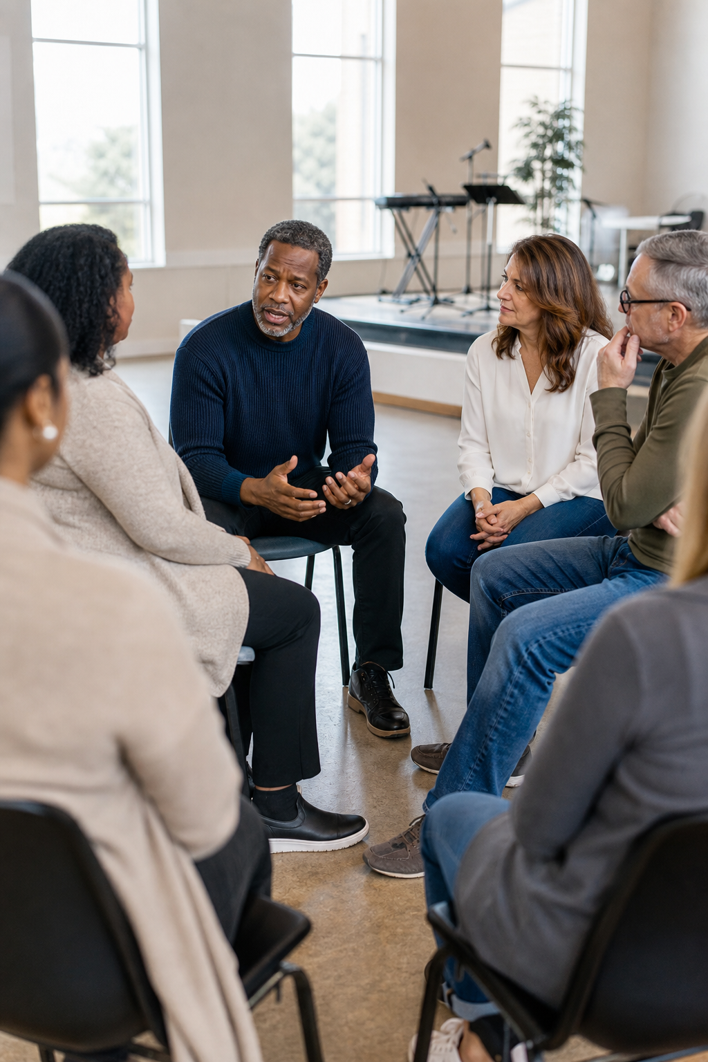 Ministry leaders in genuine dialogue in a bright church hall