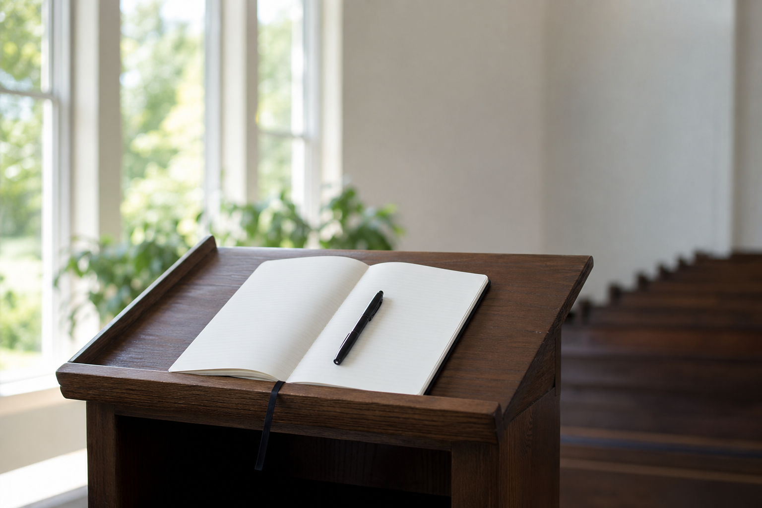 Notebook and preparation materials on a lectern in natural morning light